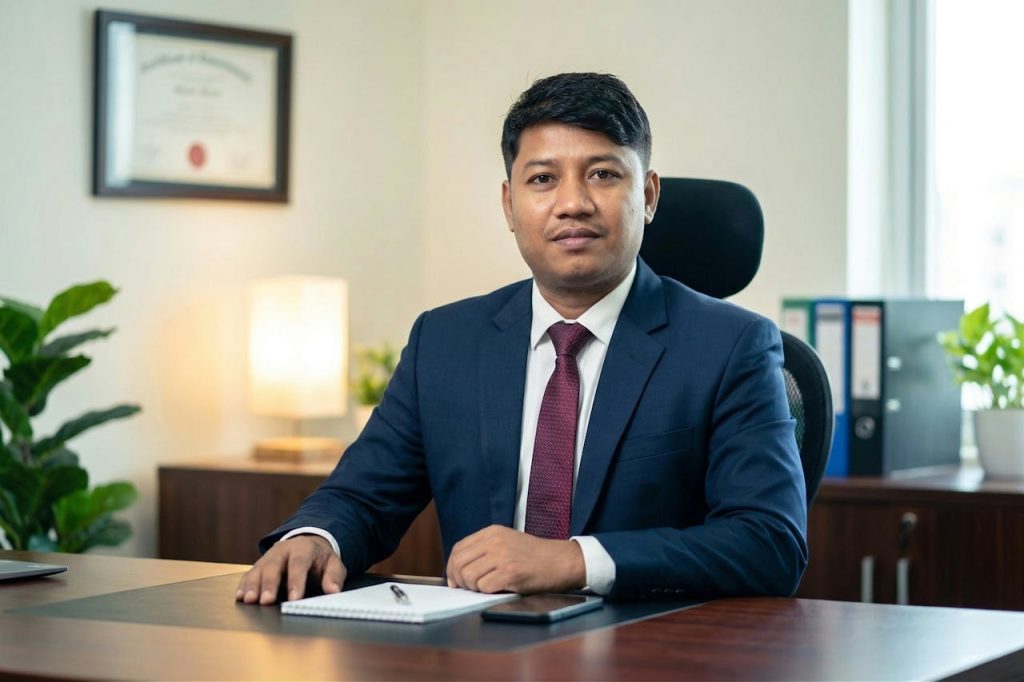 Businessman in a suit sitting at a desk, exuding professionalism and confidence.